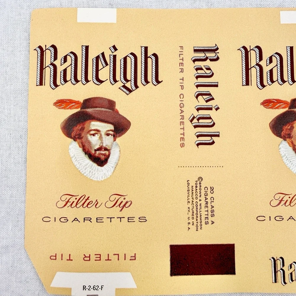 Vintage Raleigh Cigarettes Packaging Label 1960s Filter Tip Soft Pack Paper